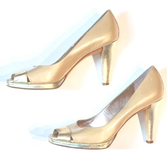Arturo Chiang Patent Leather Heels Peep Toe Gold & Tan Colorblock 9M - Picture 1 of 9